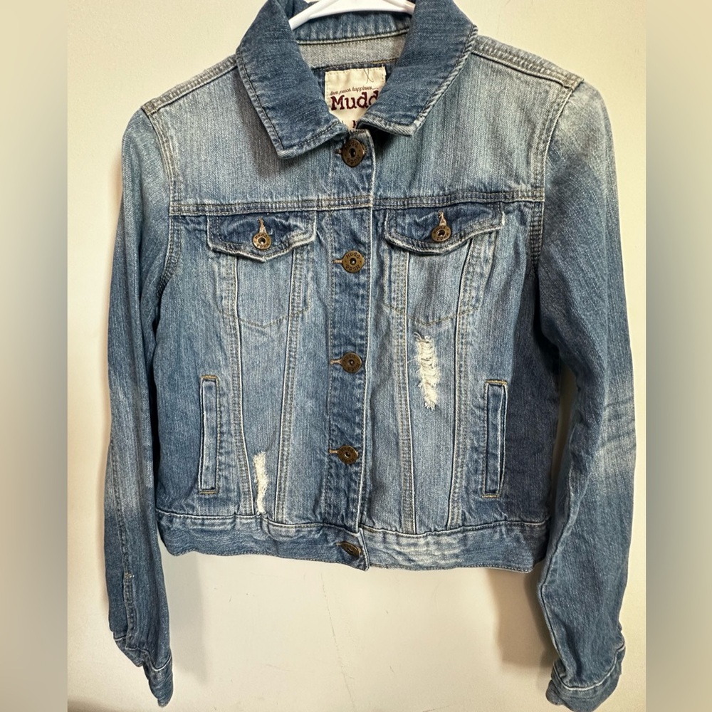 Mudd slightly distressed denim jacket featuring a light blue wash